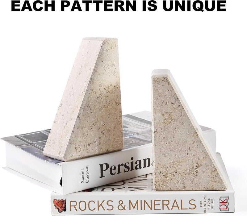 karibiber Marble Bookends for Heavy Books, Decorative Book Ends for Shelves, Beige Stone Durable and Heavy-Duty Book Ends for Hardback Books & CDS, Unique Book Stopper & Holder, Set of 2 - Image 4